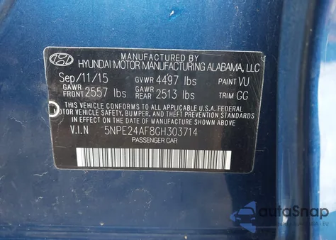 2016 Hyundai Sonata Se z USA, uszkodzony, nr VIN 5NPE24AF8GH303714